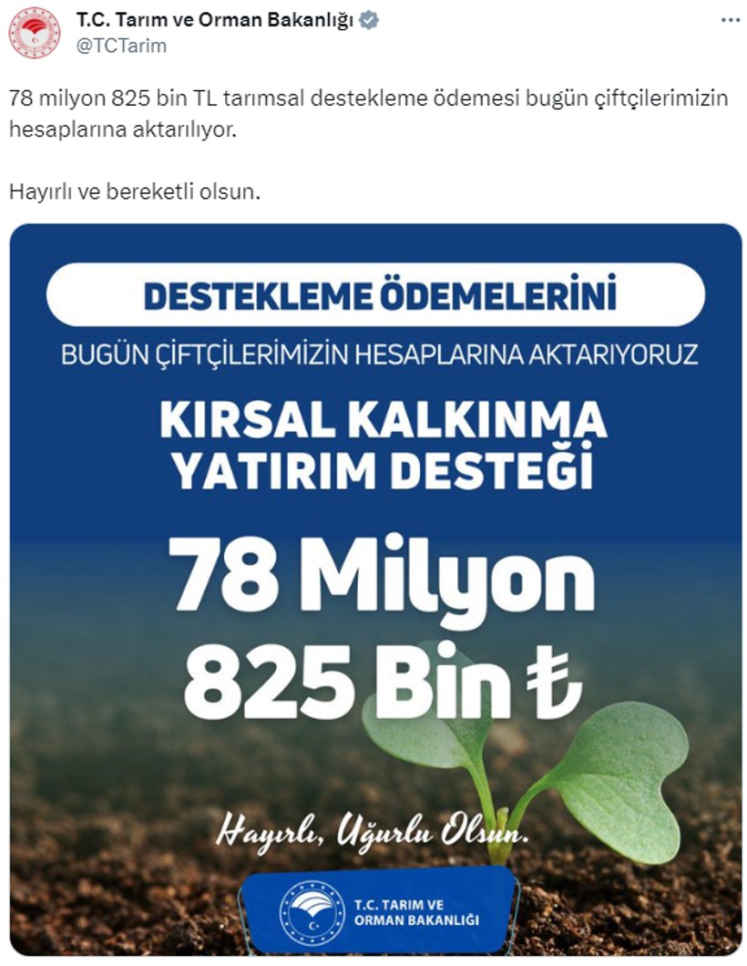 SON DAKİKA! Çiftçilere tarımsal destek ödemesi! 78 milyon 825 bin TL hesaplara yatıyor - Resim : 1