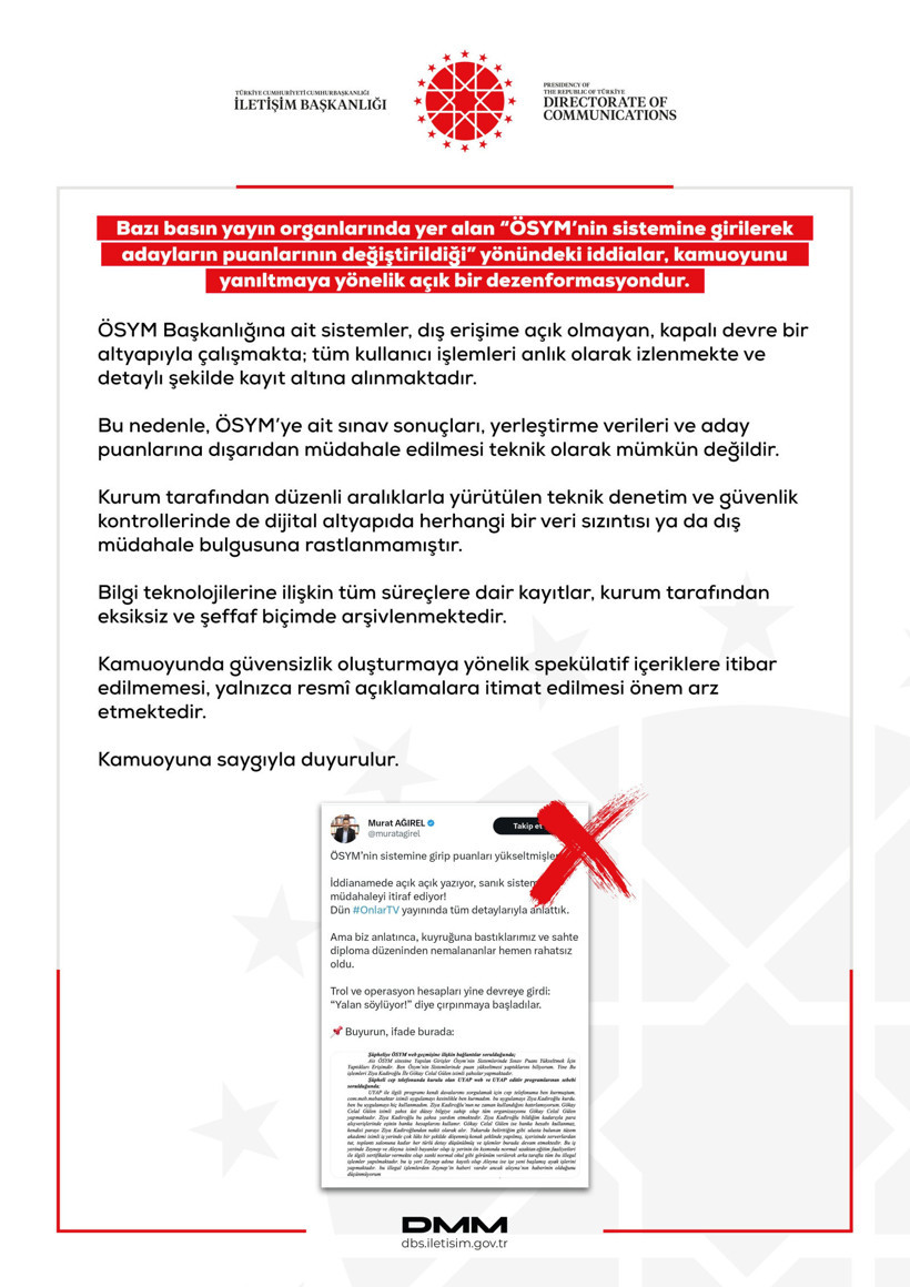 Dezenformasyonla Mücadele Merkezi'nden ÖSYM sistemine dışarıdan erişim iddialarına yalanlama - Resim : 1