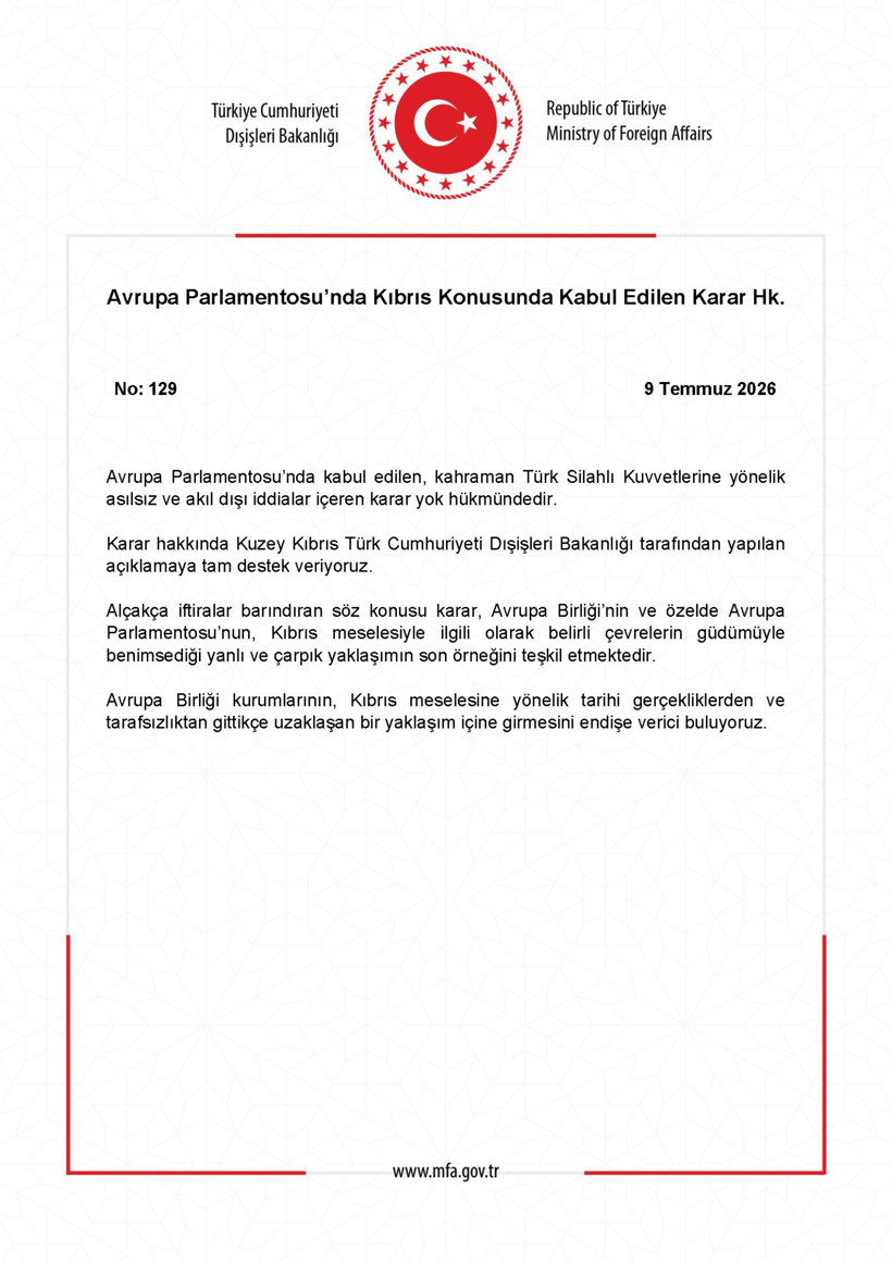 Dışişleri'den Avrupa Parlamentosunun Kıbrıs kararına sert tepki: Yok hükmündedir - Resim : 1