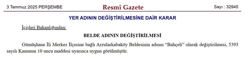 Gümüşhane Arzularkabaköy Beldesinin adı Bahçeli olarak değiştirildi - Resim : 1