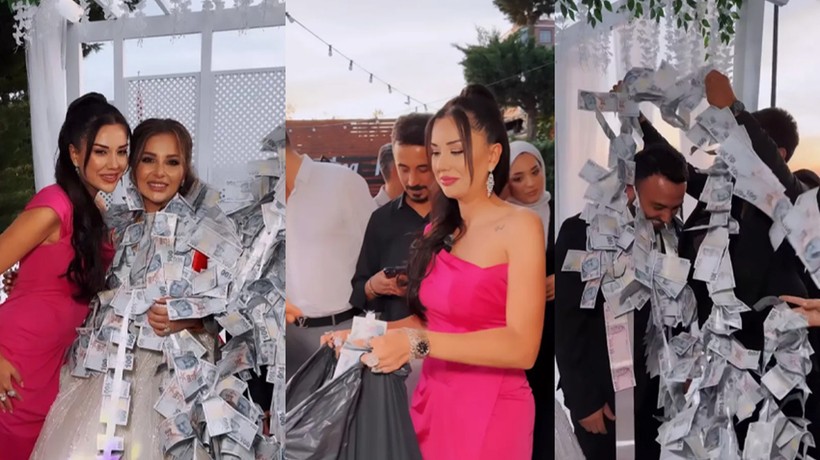 Dilan Polat ve Engin Polat çöp poşetinden çıkardıkları tomarlarca parayı gelin ve damada taktı
