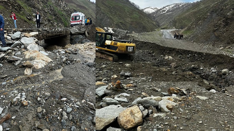 Sel felaketi köy yolunu ikiye ayırdı, ekipler hamile kadın için seferber oldu