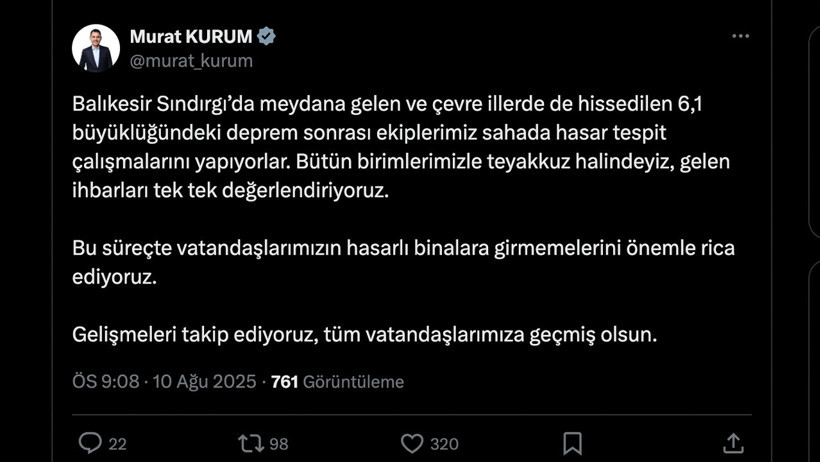 Çevre, Şehircilik ve İklim Değişikliği Bakanı Murat Kurum'dan Balıkesir depremi ile ilgili açıklama - Resim : 1