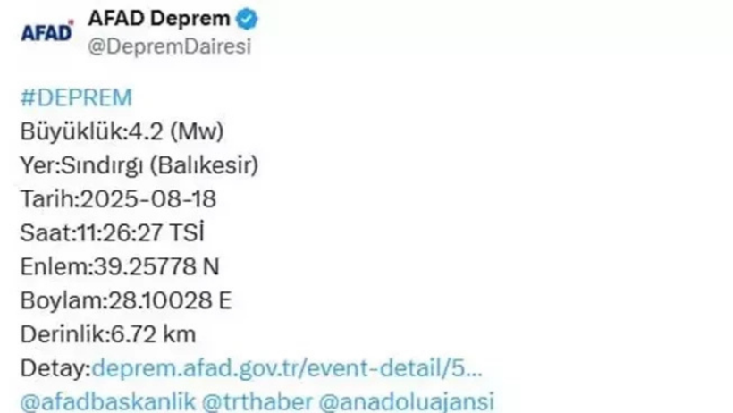 Balıkesir'de 4.2 büyüklüğünde deprem - Resim : 1