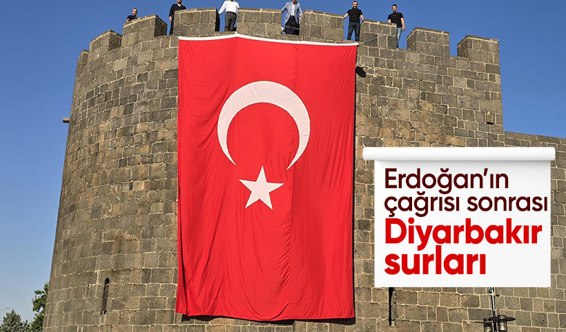 PKK'nın silah bırakmasının ardından Diyarbakır surlarına Türk bayrağı asıldı
