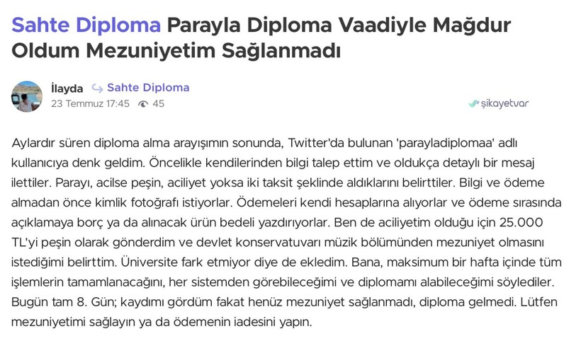 Sahte diploma çetesi ifşa oldu: Şikayetvar'da 'mağduriyet'lerini yazdılar! - Resim : 1