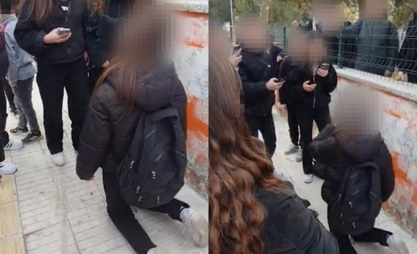 Okul önünde akran zorbalığı kamerada: Diz çöktürüp zorla özür dilettiler
