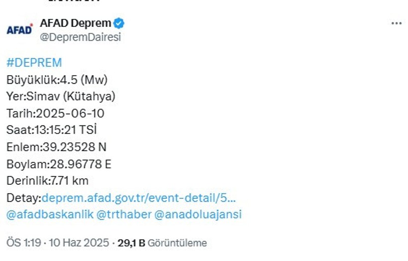 Kütahya'da 4,5 büyüklüğünde deprem - Resim : 1