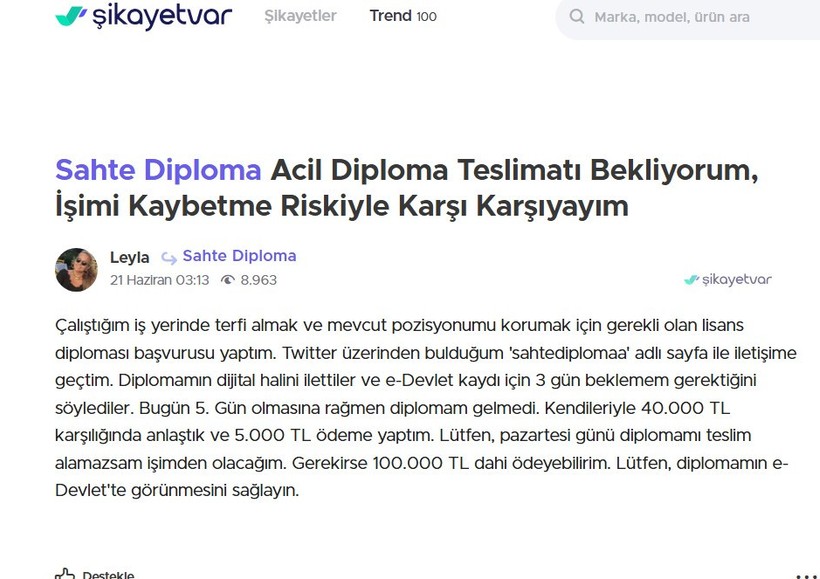 Sahte diploma çetesi ifşa oldu: Şikayetvar'da 'mağduriyet'lerini yazdılar! - Resim : 2