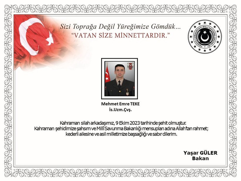 MSB duyurdu: Pençe-Kilit bölgesinde Uzman Çavuş Mehmet Emre Teke şehit oldu - Resim : 1