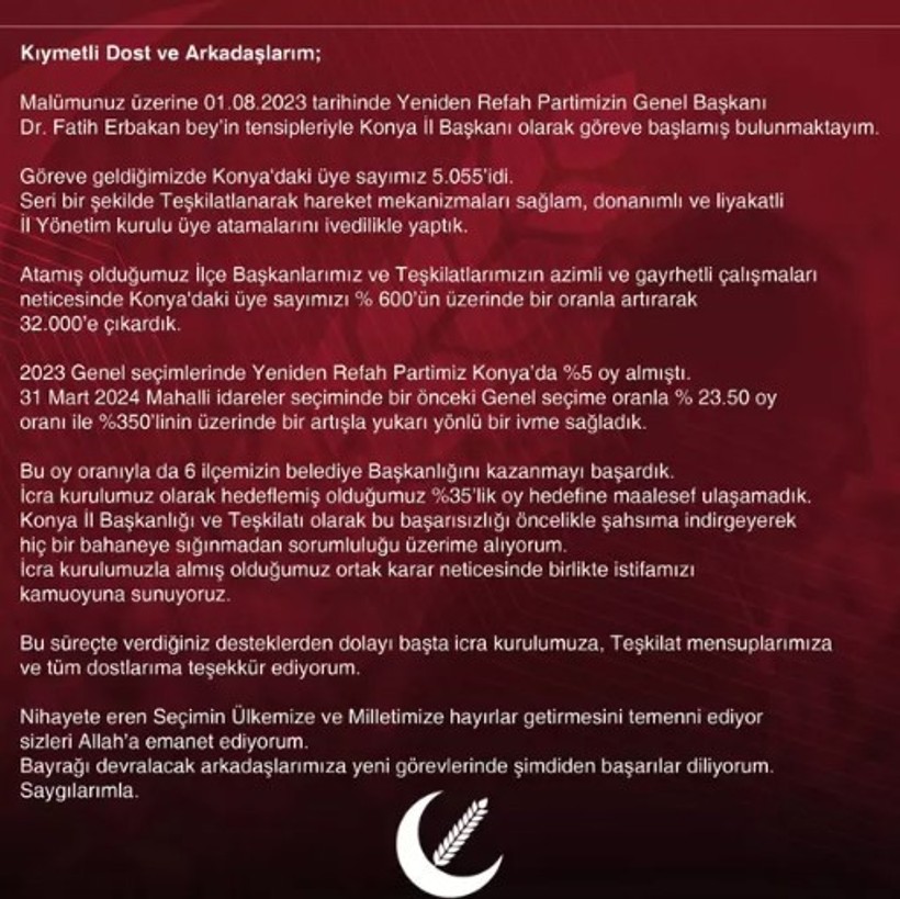 Konya'da 6 ilçeyi kazanan Yeniden Refah Partisi'nde istifa haberi! Gerekçesi şaşkına çevirdi - Resim : 3
