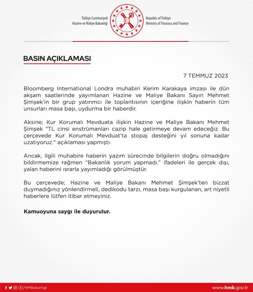 Hazine ve Maliye Bakanlığı'ndan Bloomberg International'ın haberine tepki! Masa başı uydurma bir haber - Resim : 2